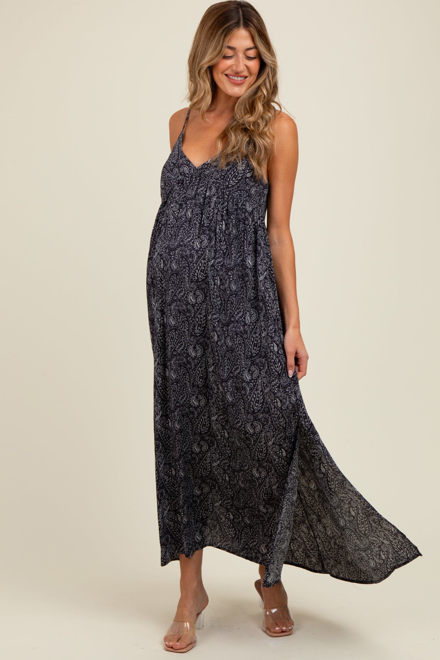 Navy Paisley Print Sleeveless Side Slit Maternity Maxi Dress