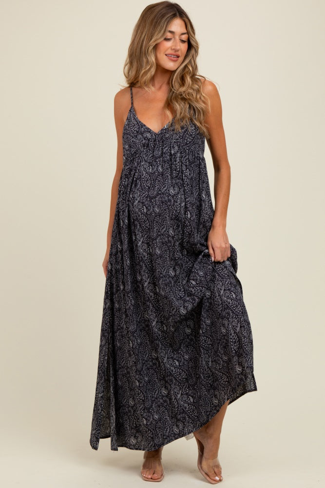 Navy Paisley Print Sleeveless Side Slit Maternity Maxi Dress