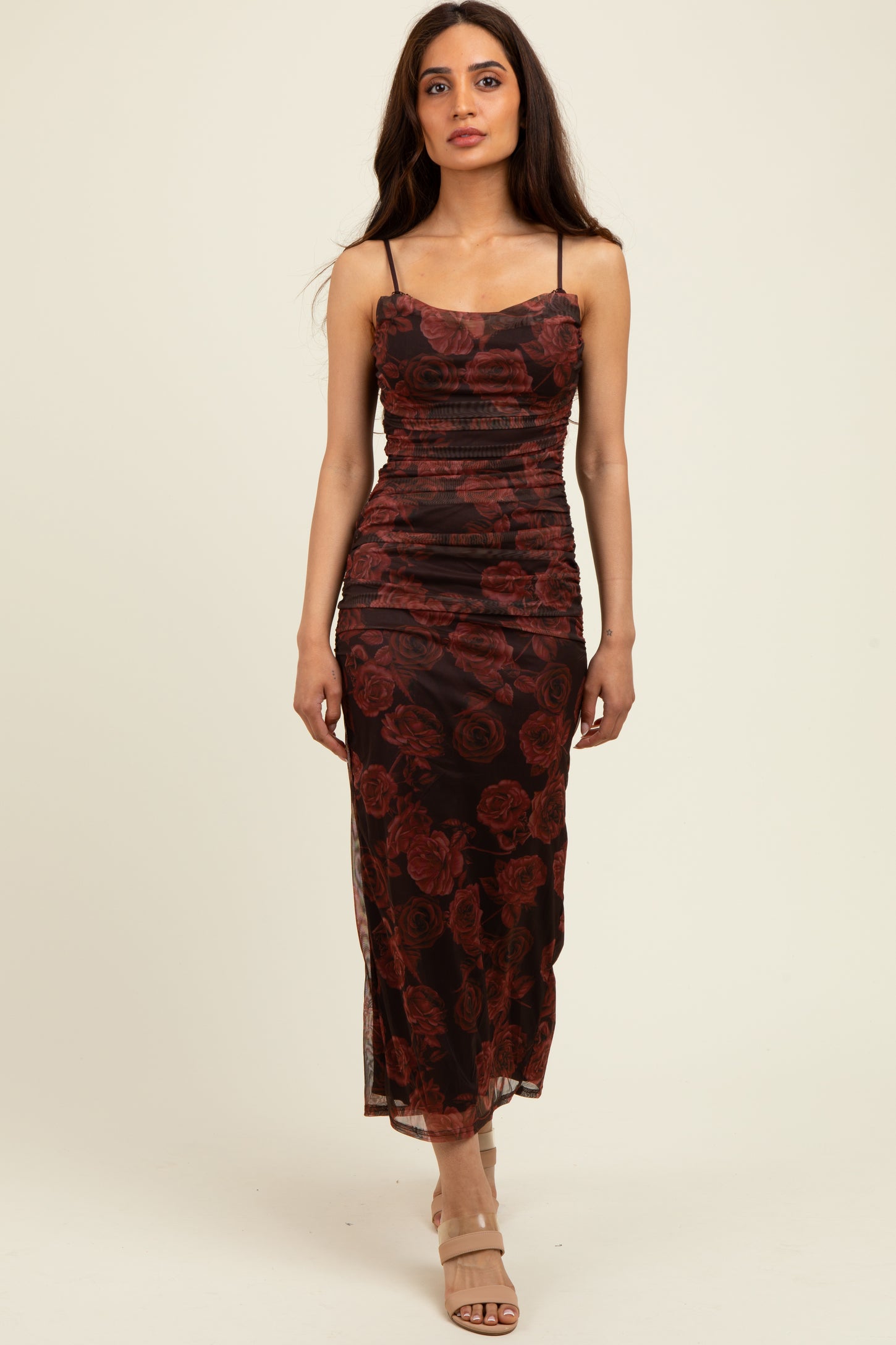Brown Rose Print Mesh Overlay Ruched Midi Dress Brown Rose Print Mesh Overlay Ruched Midi Dress