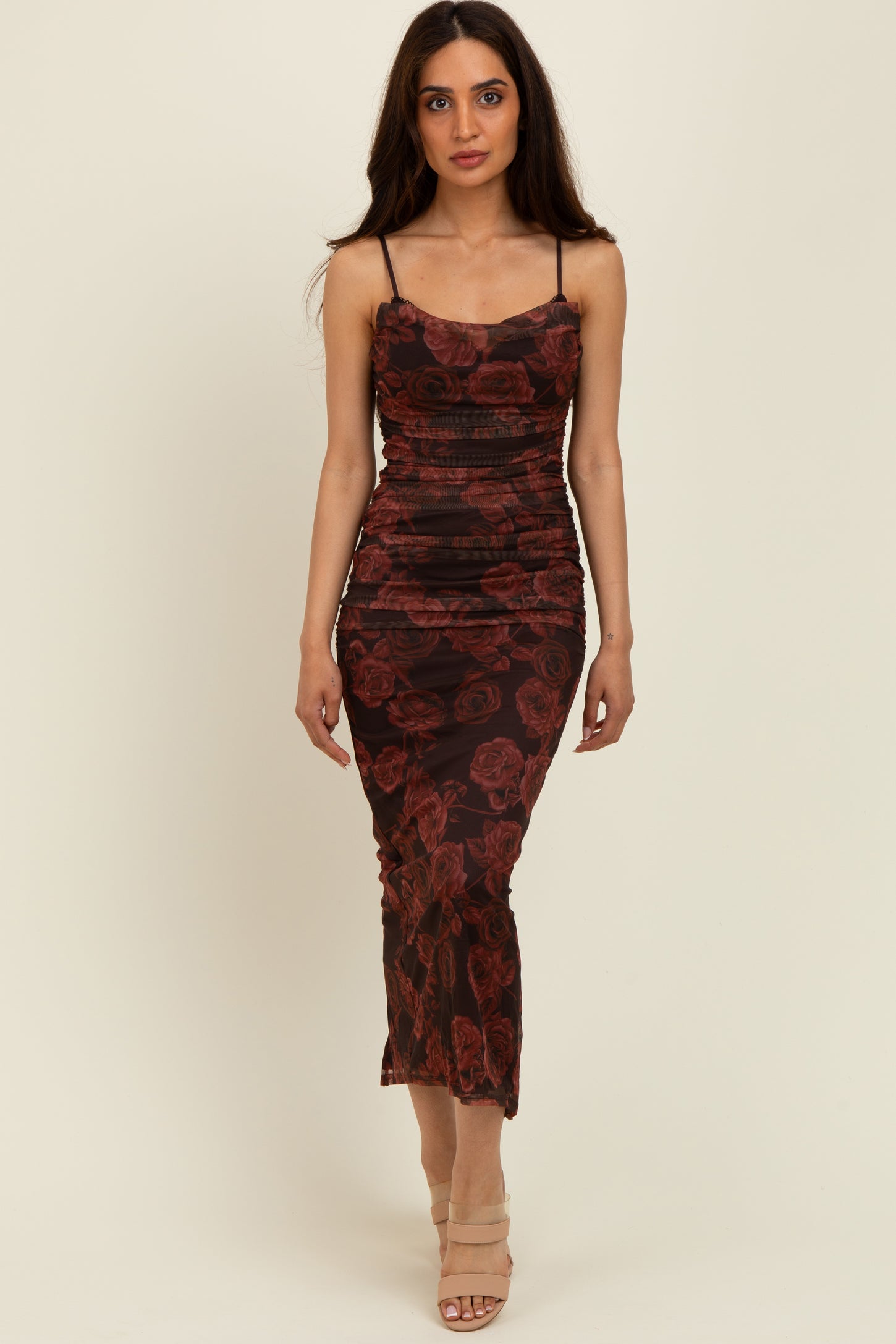 Brown Rose Print Mesh Overlay Ruched Midi Dress PinkBlush Brown Rose Print Mesh Overlay Ruched Midi Dress PinkBlush