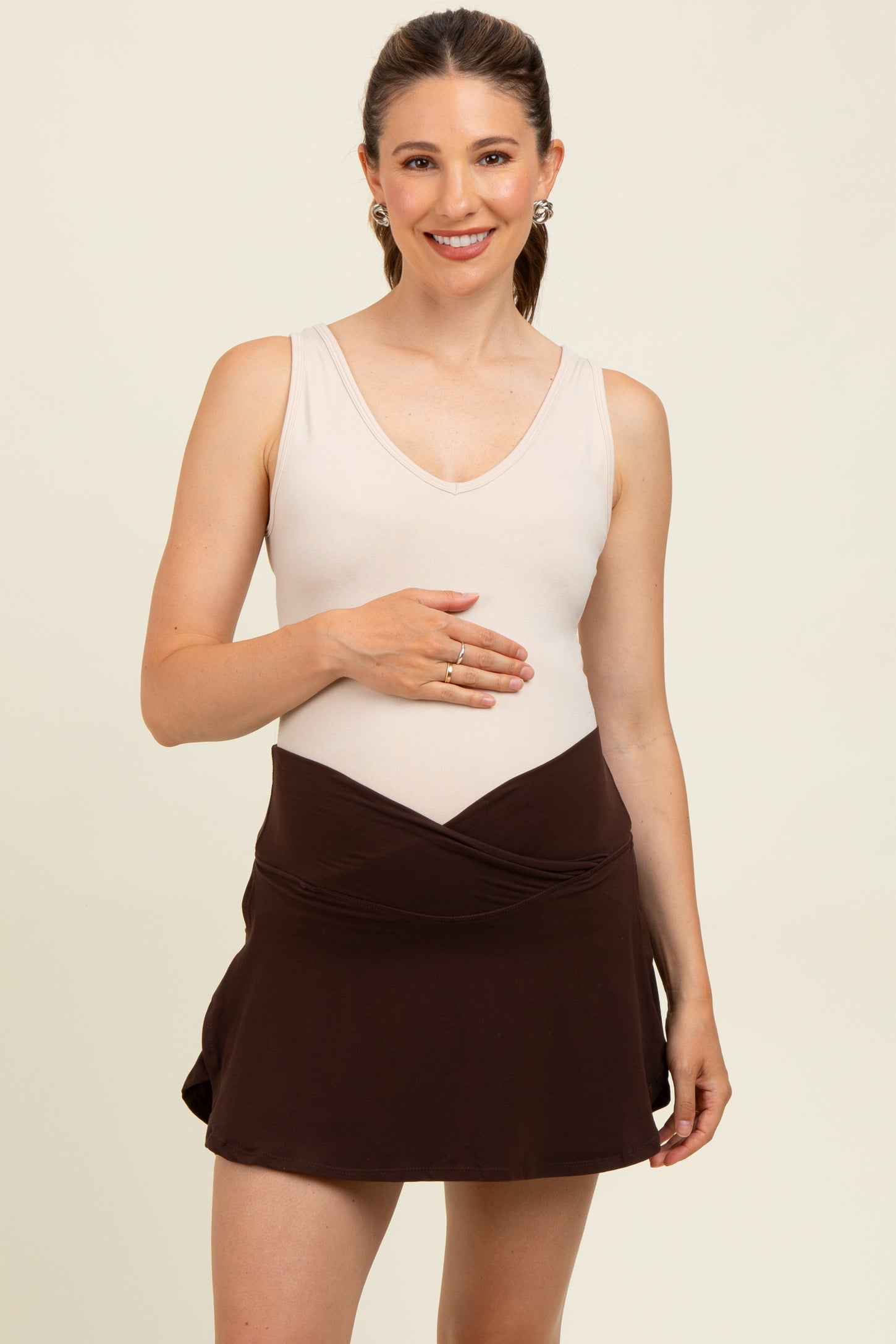 Brown Crossover V-Waist Maternity Skort
