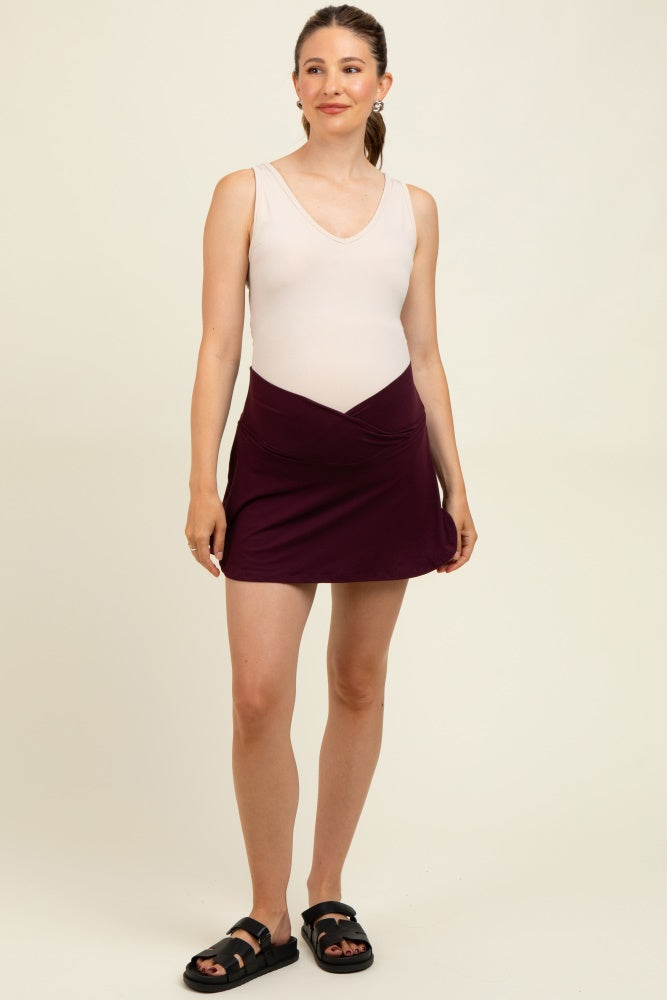 Burgundy Crossover V-Waist Maternity Skort