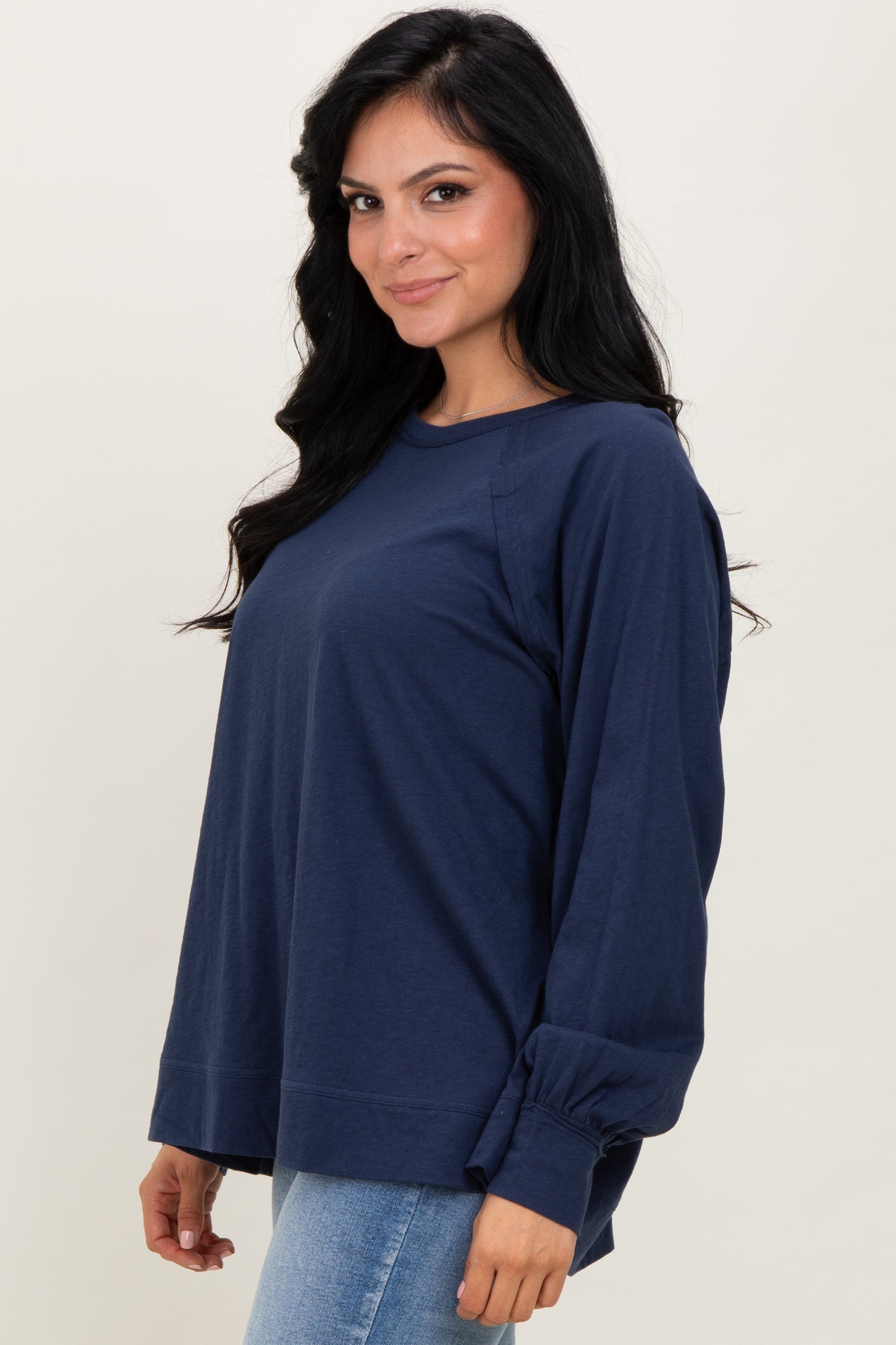 Navy Oversized Cotton Slub Long Sleeve Top