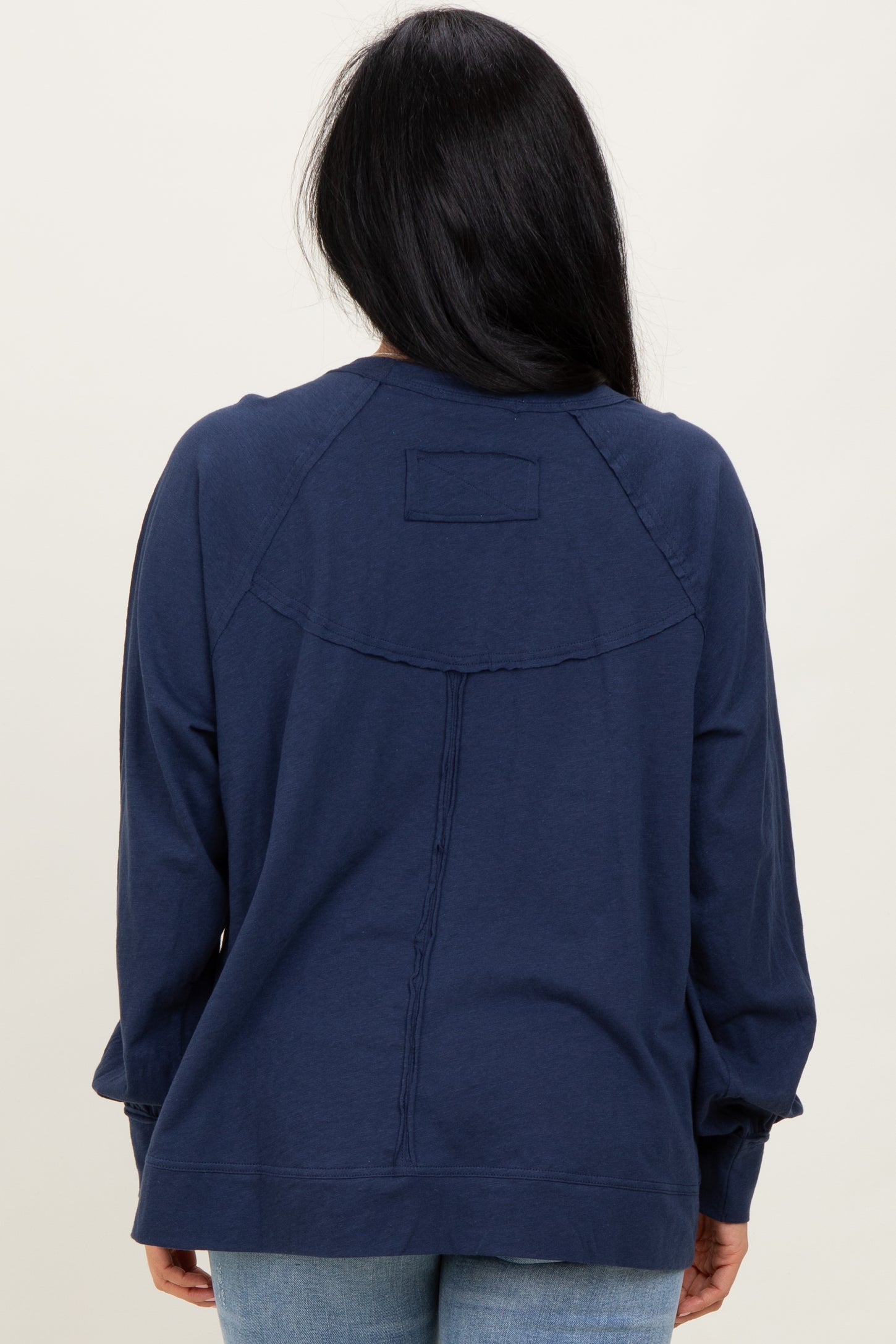 Navy Oversized Cotton Slub Long Sleeve Top