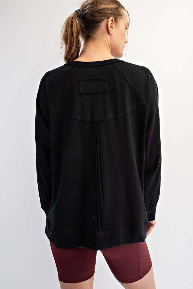 Black Oversized Cotton Slub Long Sleeve Top