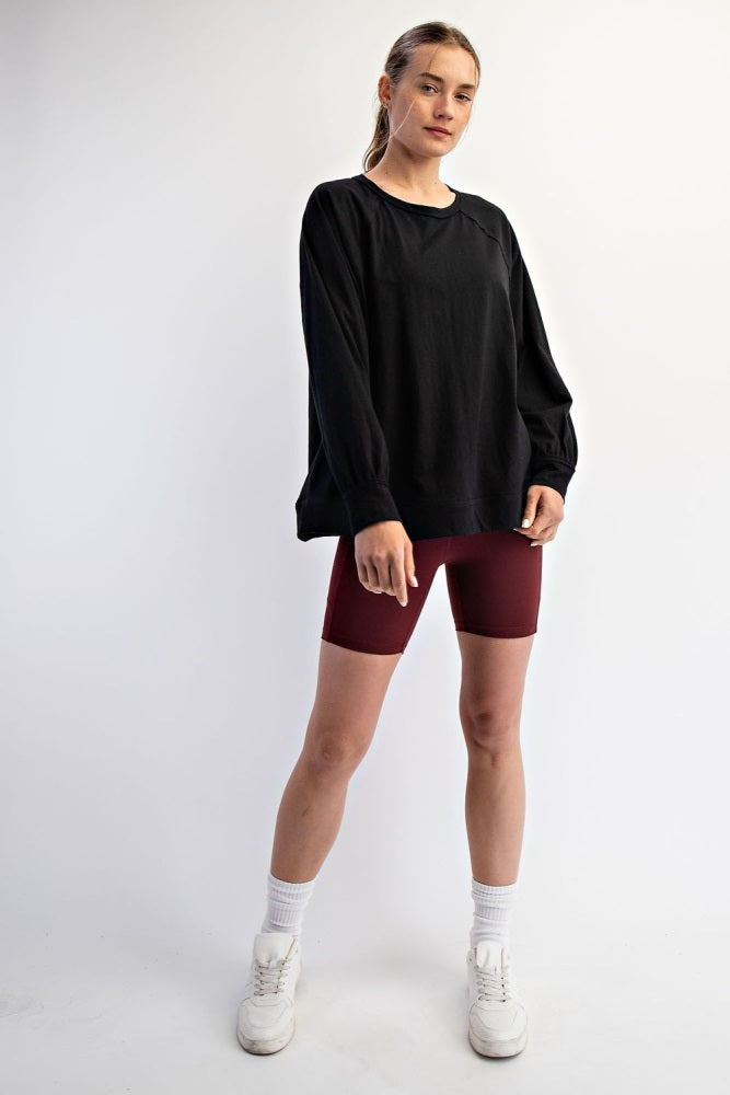 Black Oversized Cotton Slub Long Sleeve Top