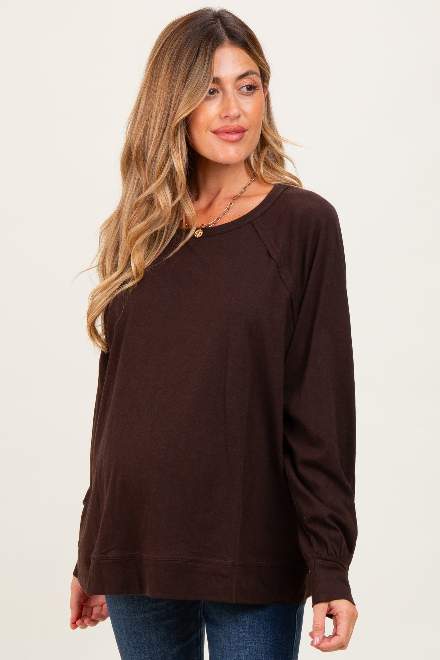 Brown Oversized Cotton Slub Long Sleeve Maternity Top