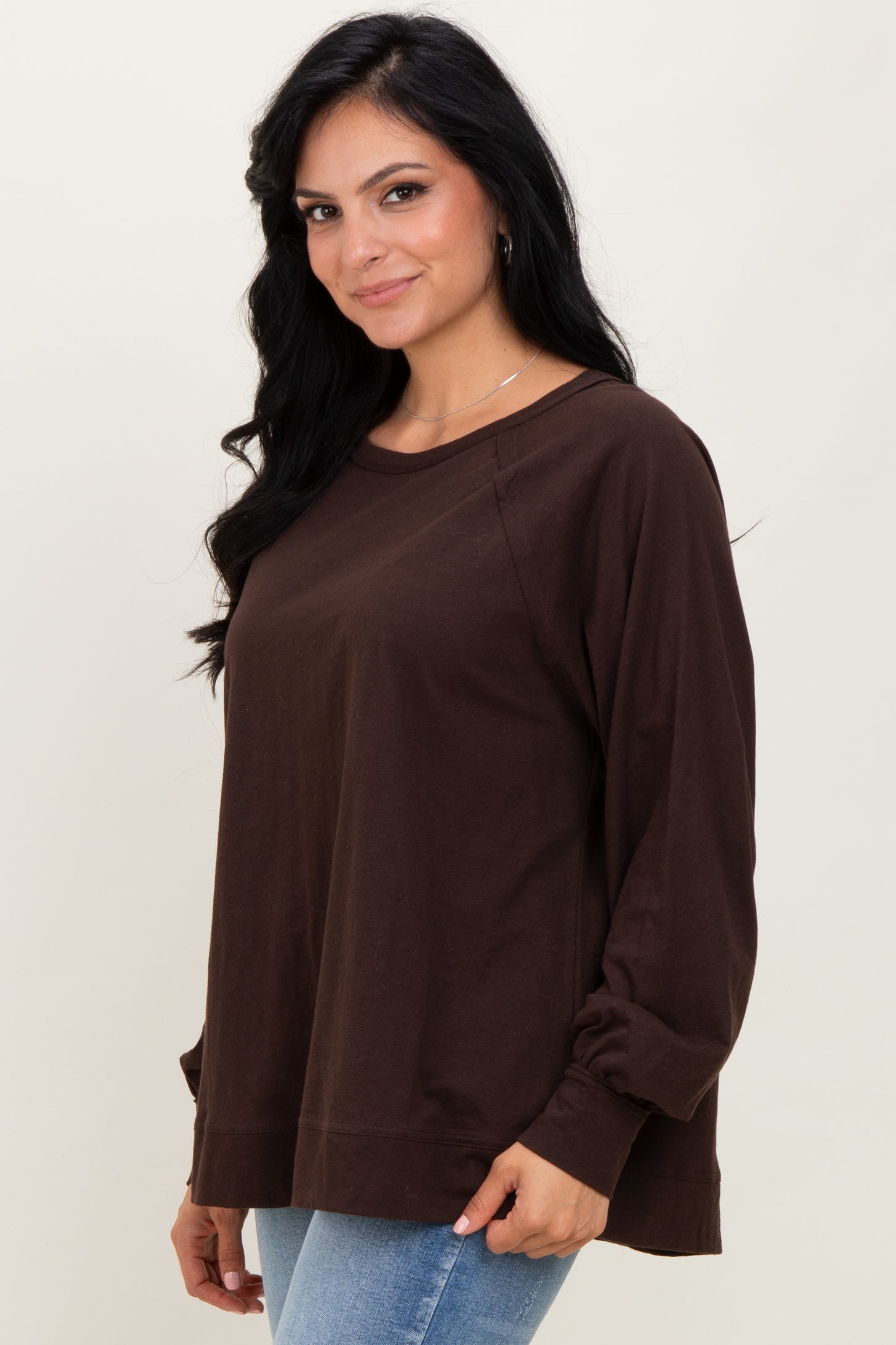 Brown Oversized Cotton Slub Long Sleeve Top