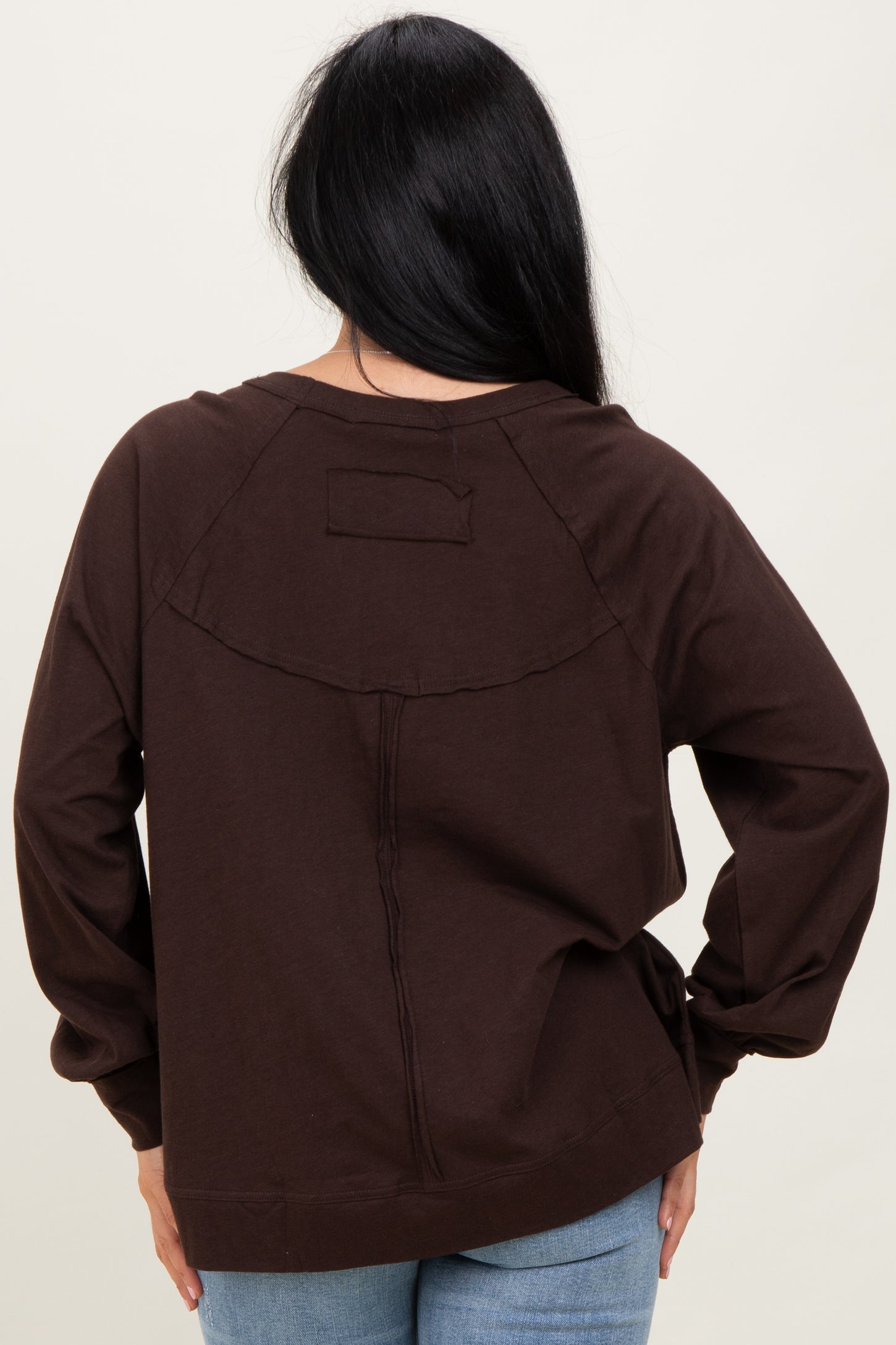 Brown Oversized Cotton Slub Long Sleeve Top