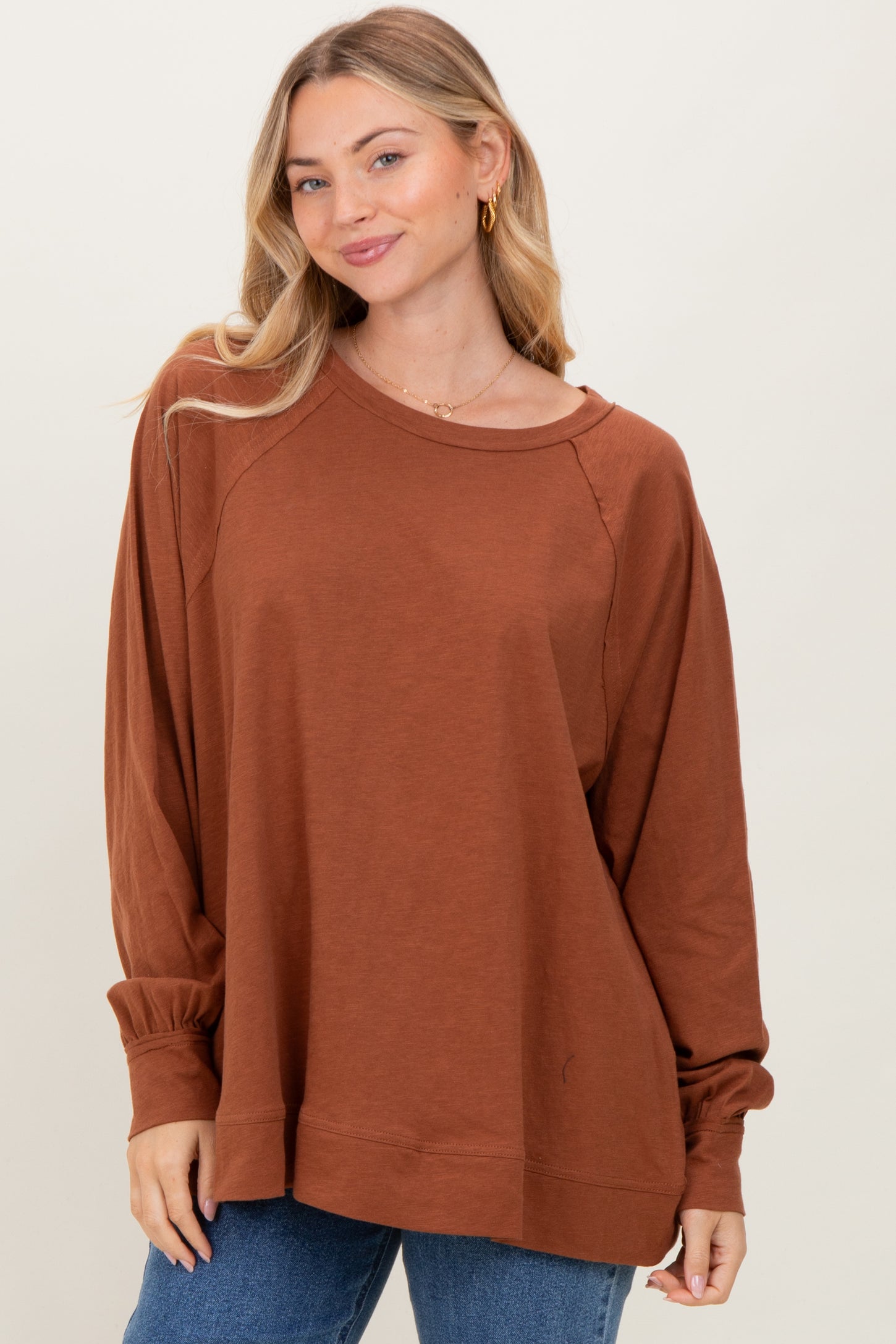 Mocha Oversized Cotton Slub Long Sleeve Top