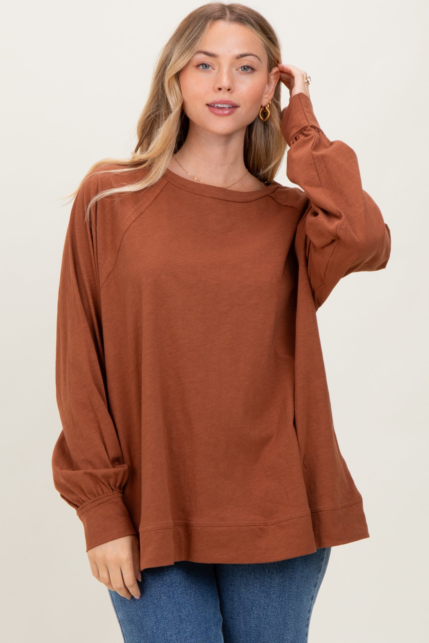 Mocha Oversized Cotton Slub Long Sleeve Top