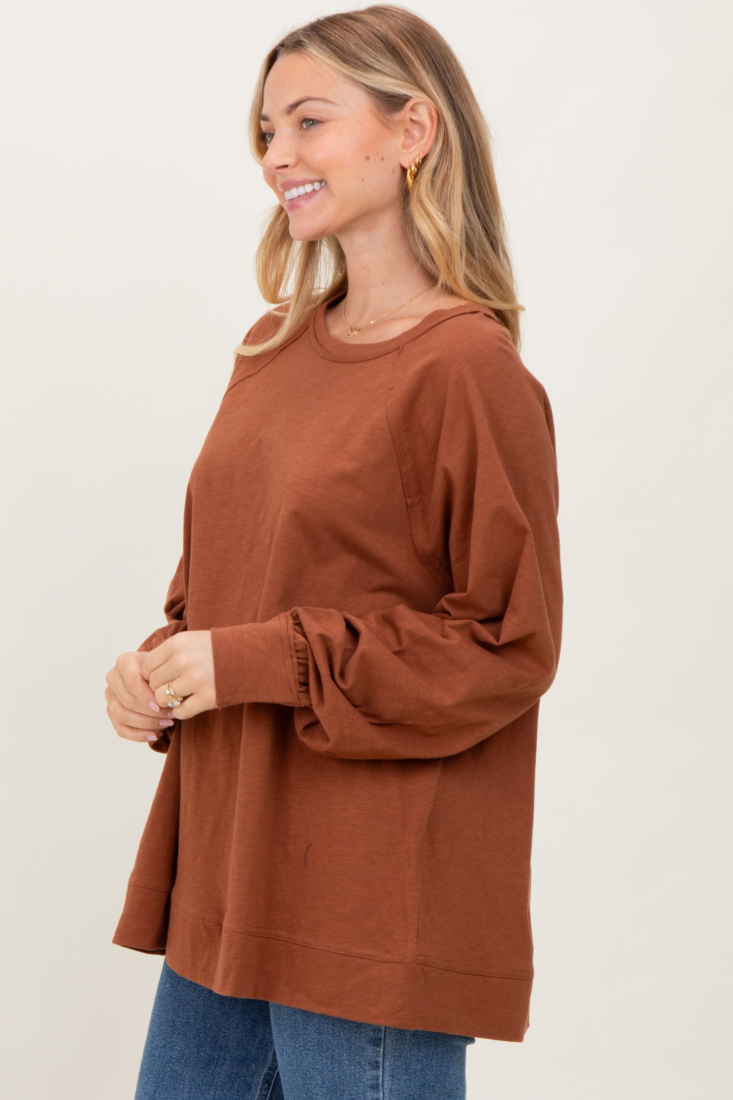 Mocha Oversized Cotton Slub Long Sleeve Top