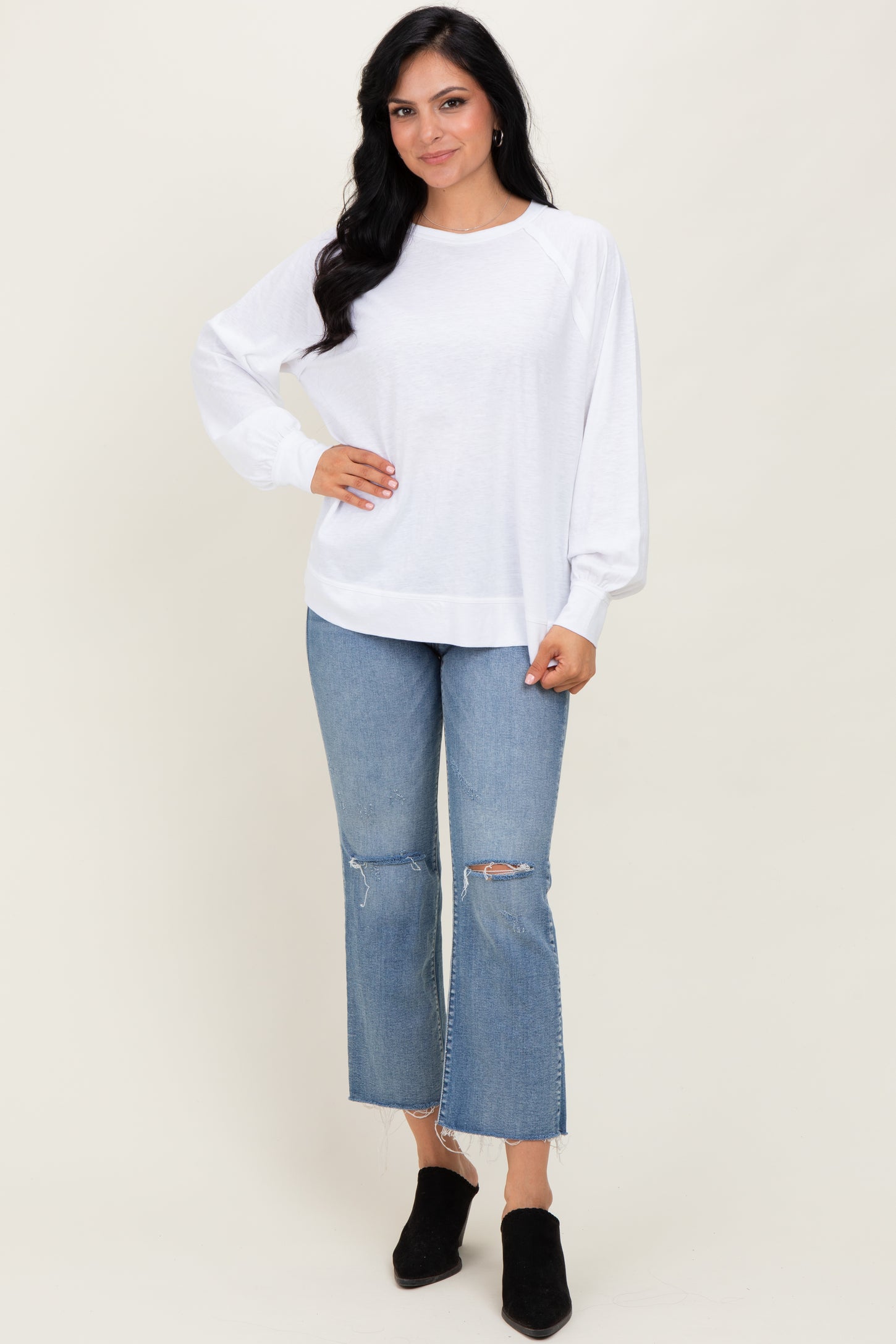 White Oversized Cotton Slub Long Sleeve Top