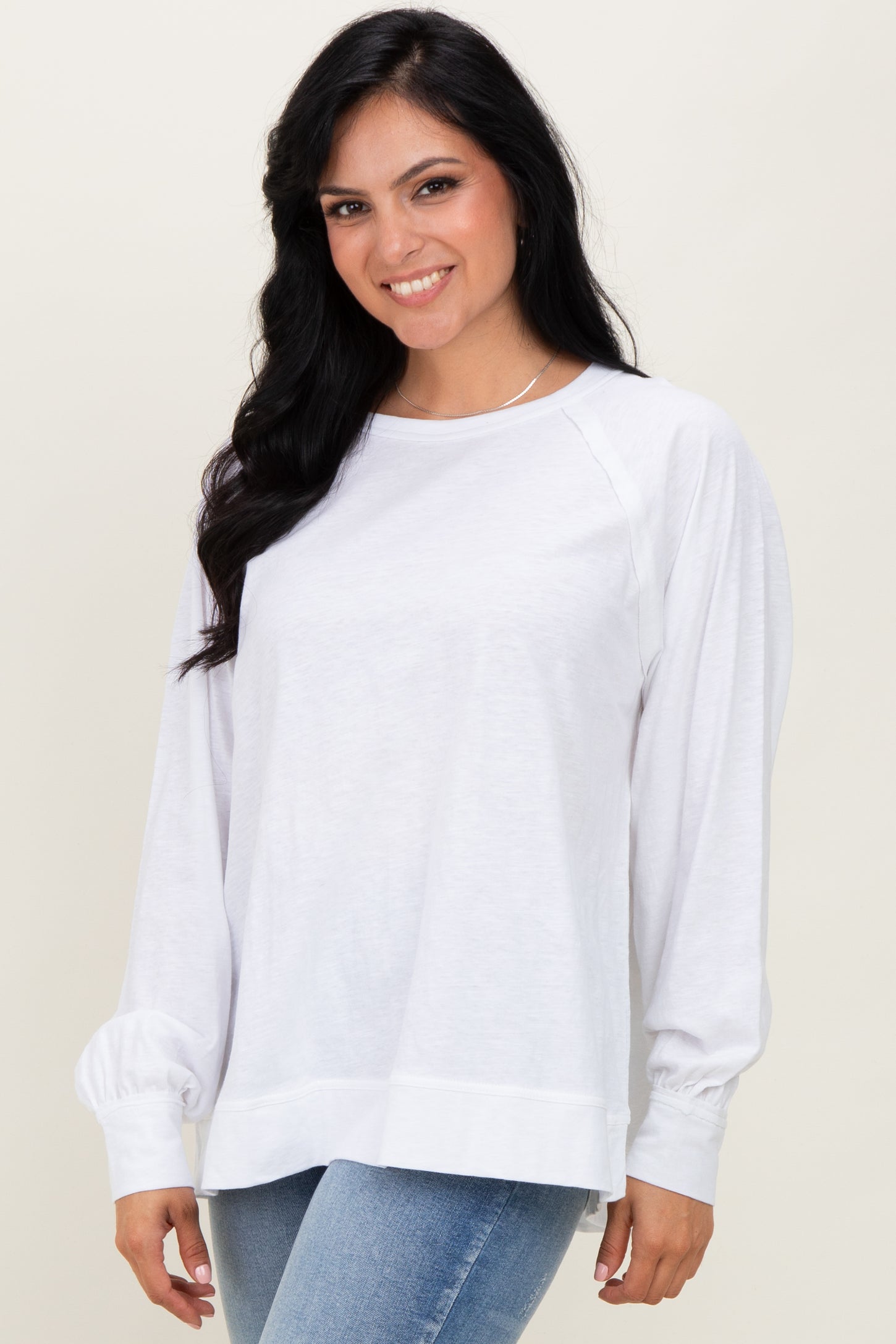 White Oversized Cotton Slub Long Sleeve Top