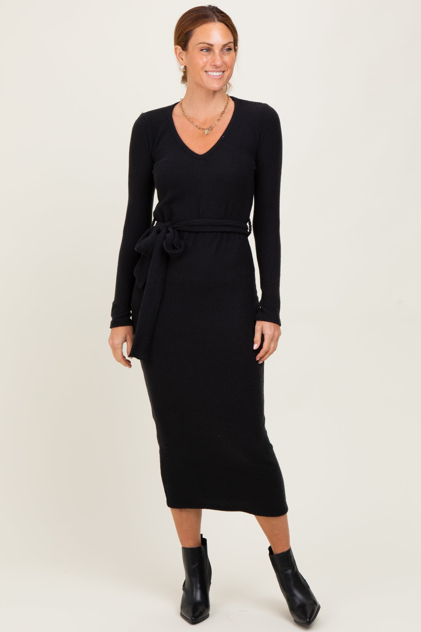 Black Solid Brushed Rib Long Sleeve V-Neck Fitted Midi Dress
