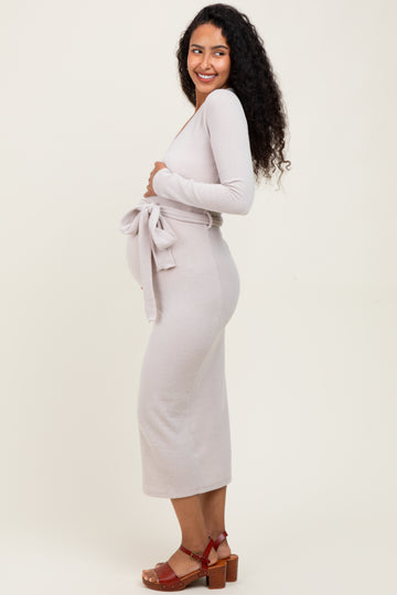 Beige Solid Brushed Rib Long Sleeve V-Neck Fitted Maternity Midi Dress