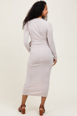 Beige Solid Brushed Rib Long Sleeve V-Neck Fitted Maternity Midi Dress