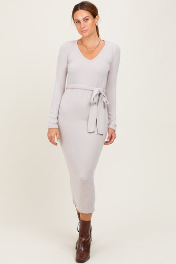 Beige Solid Brushed Rib  Long Sleeve V-Neck Fitted Midi Dress