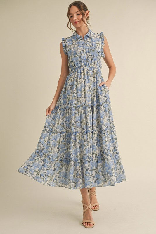 Blue Floral Print Frilled Pocketed Maternity Midi Dress
