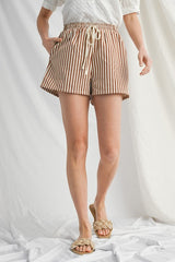 Mocha Drawstring Waist Striped Shorts