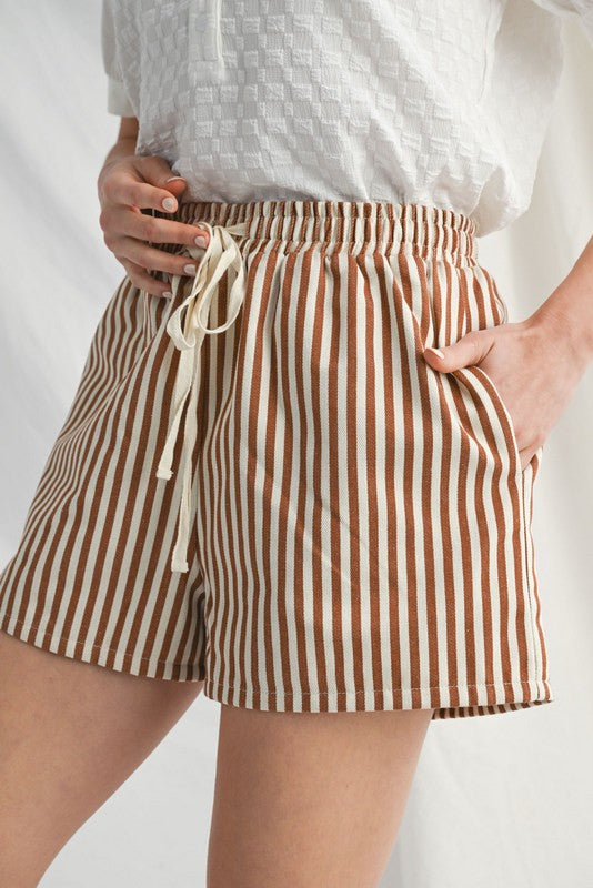 Mocha Drawstring Waist Striped Shorts
