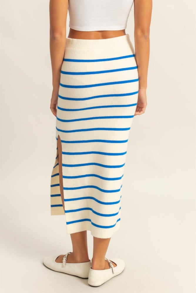 Blue/Cream Striped Fitted Sweater Maxi Skirt