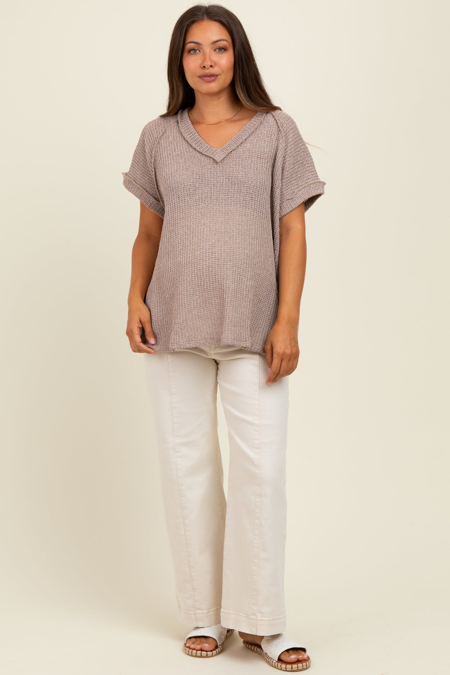 Mocha Short Sleeve V-Neck Solid Waffle Knit Maternity Top