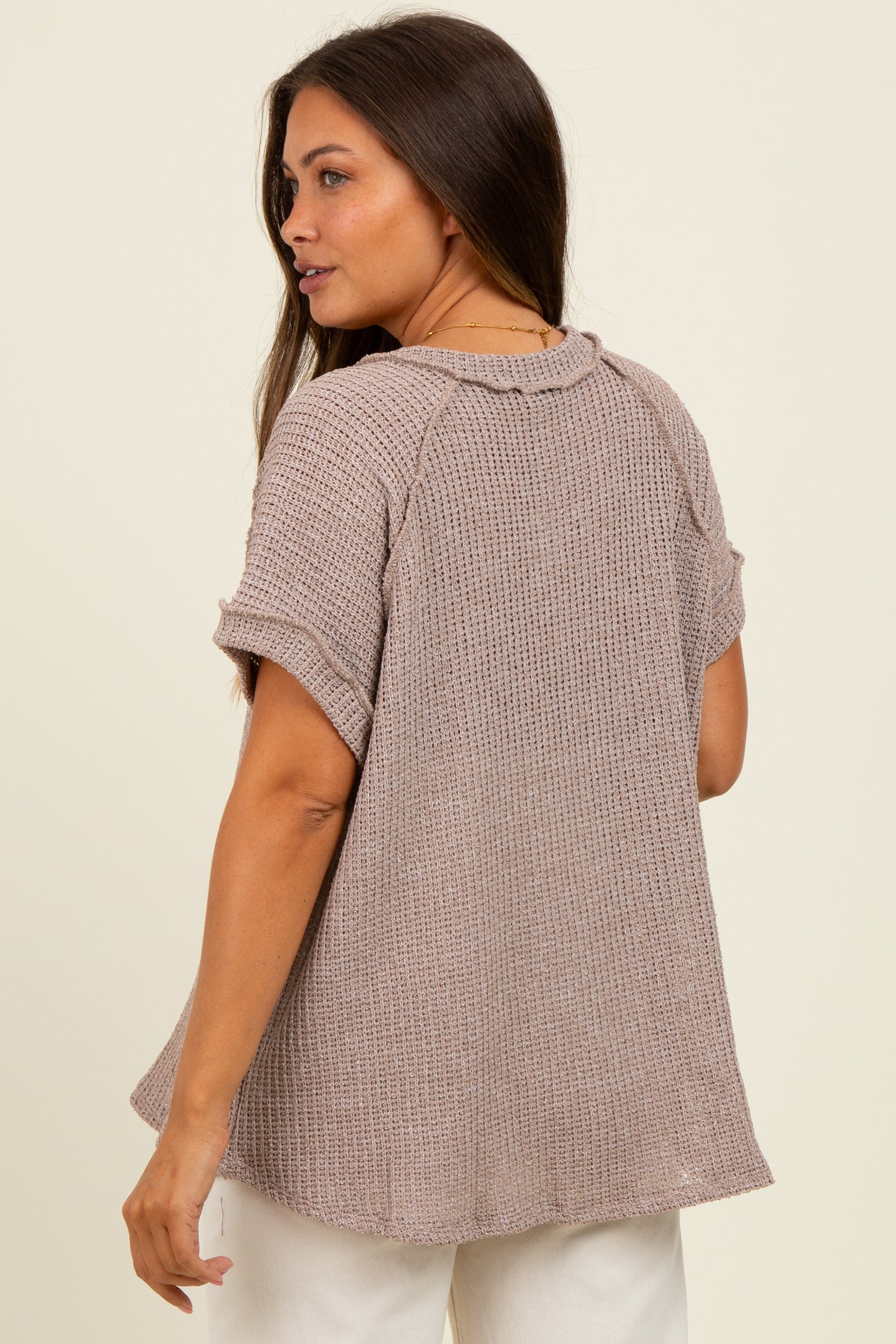 Mocha Short Sleeve V-Neck Solid Waffle Knit Maternity Top