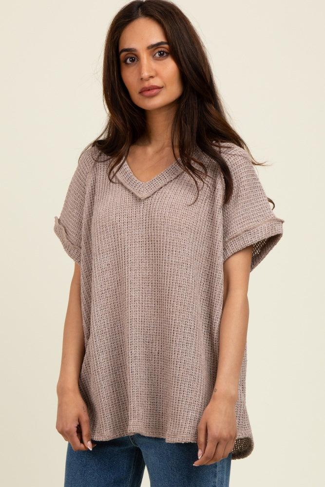 Mocha Short Sleeve V-Neck Solid Waffle Knit Top