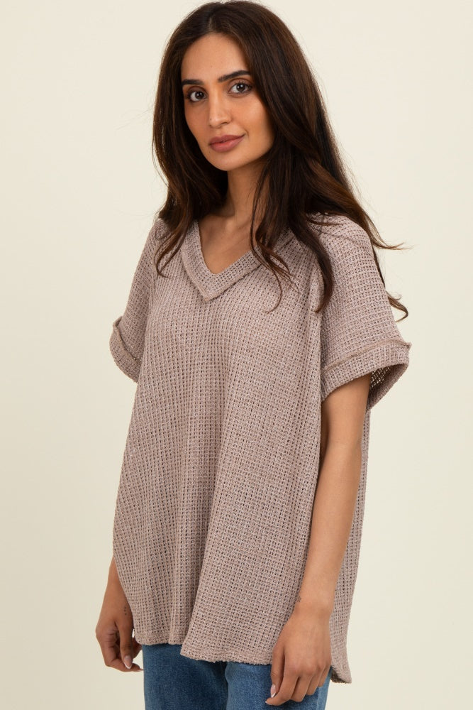 Mocha Short Sleeve V-Neck Solid Waffle Knit Top