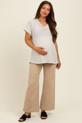 Taupe Short Sleeve V-Neck Solid Waffle Knit Maternity Top