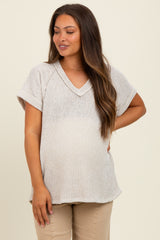 Taupe Short Sleeve V-Neck Solid Waffle Knit Maternity Top