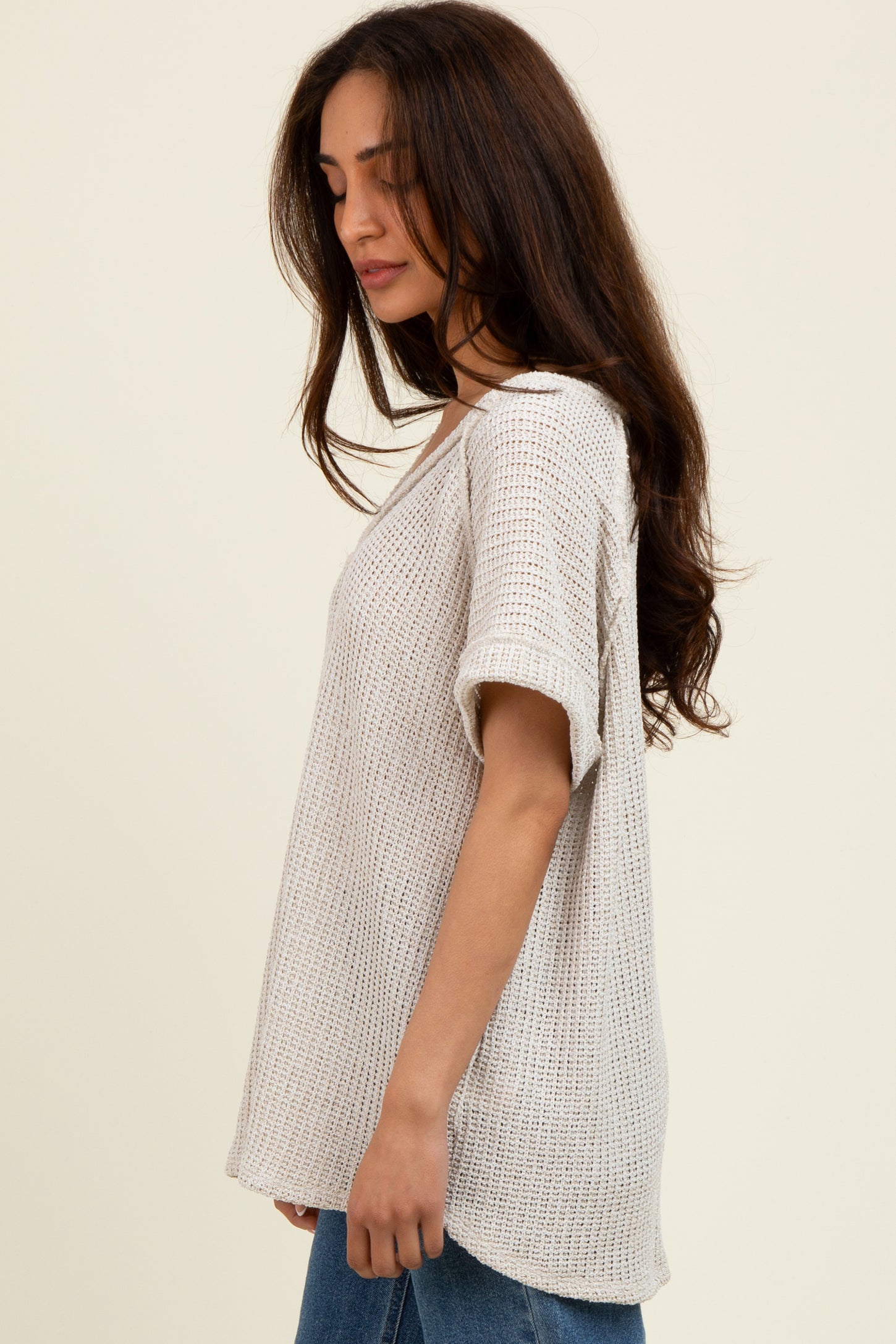 Taupe Short Sleeve V-Neck Solid Waffle Knit Top