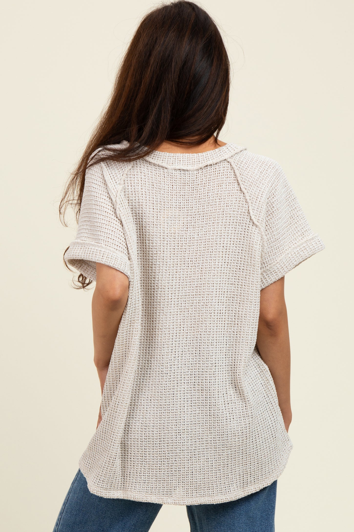 Taupe Short Sleeve V-Neck Solid Waffle Knit Top