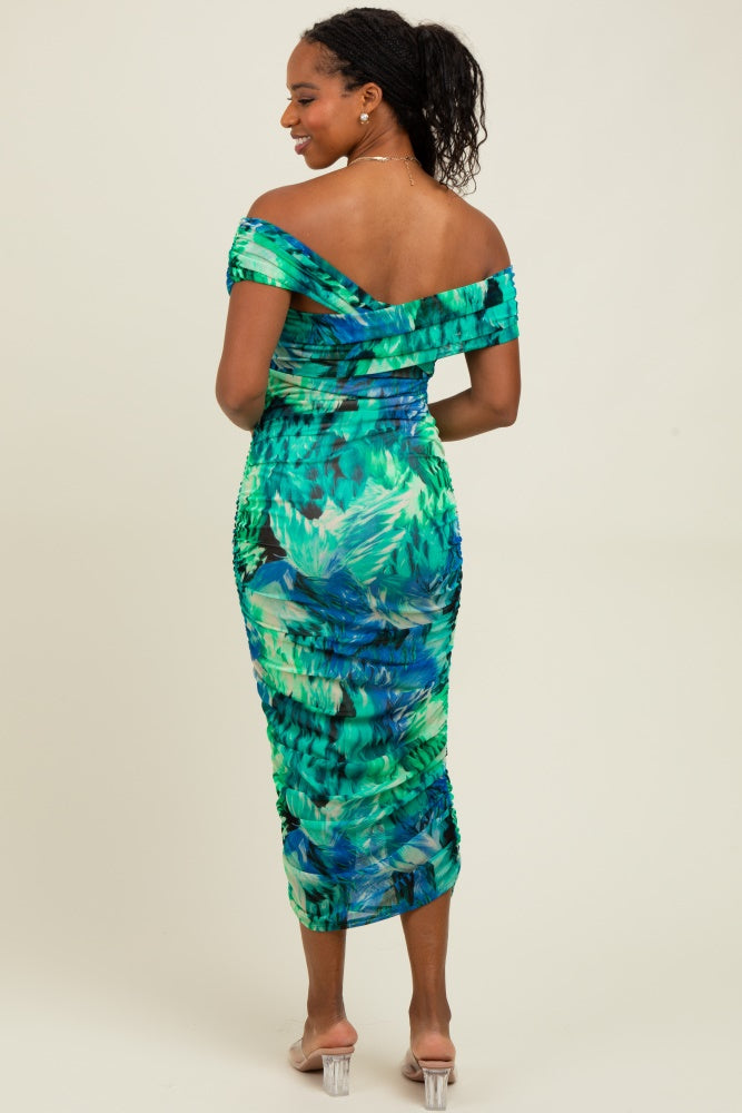 Green Printed Off Shoulder Ruched Midi Dress