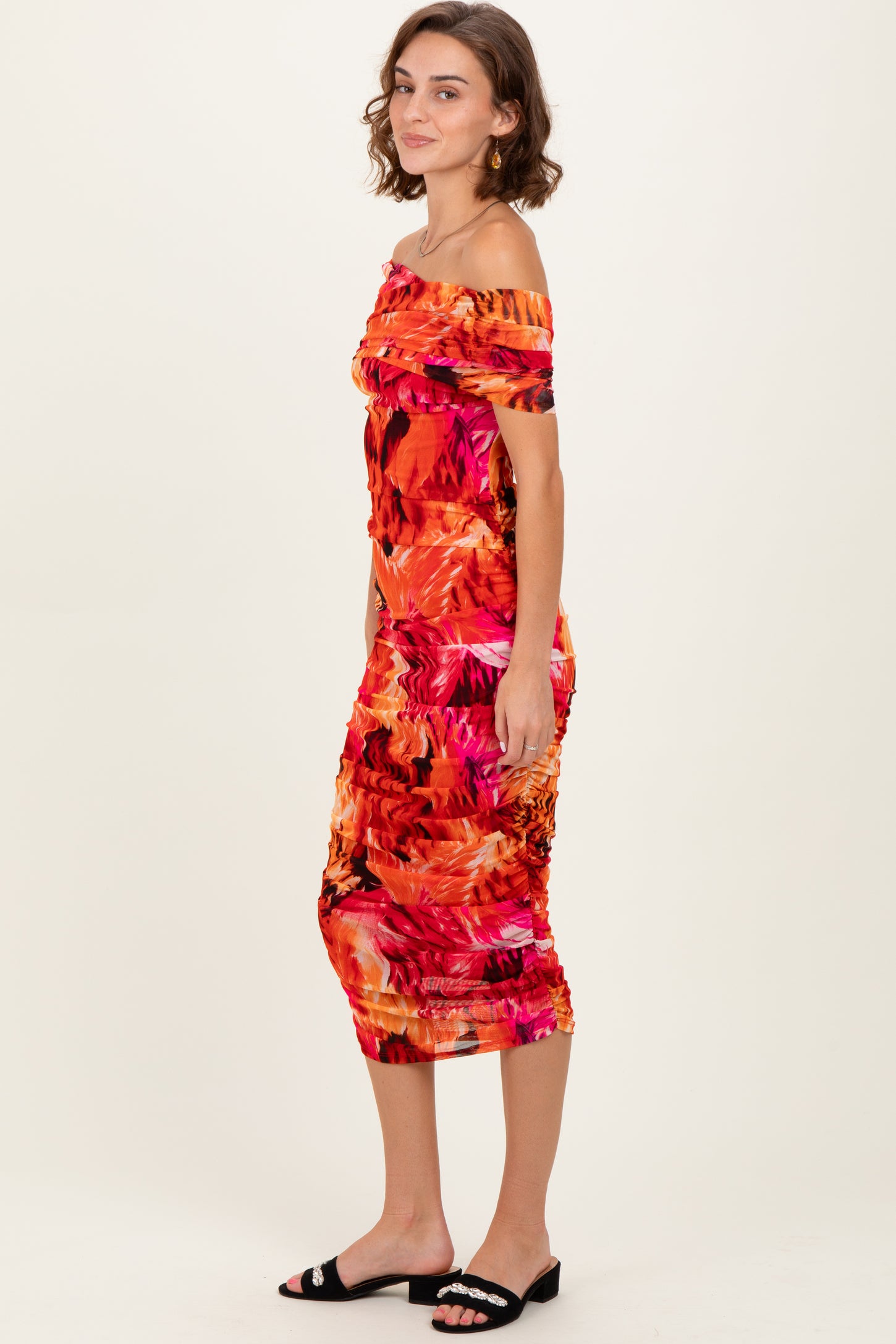 Orange Printed Off Shoulder Ruched Midi Dress