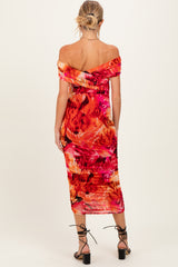 Orange Printed Off Shoulder Ruched Maternity Midi Dress
