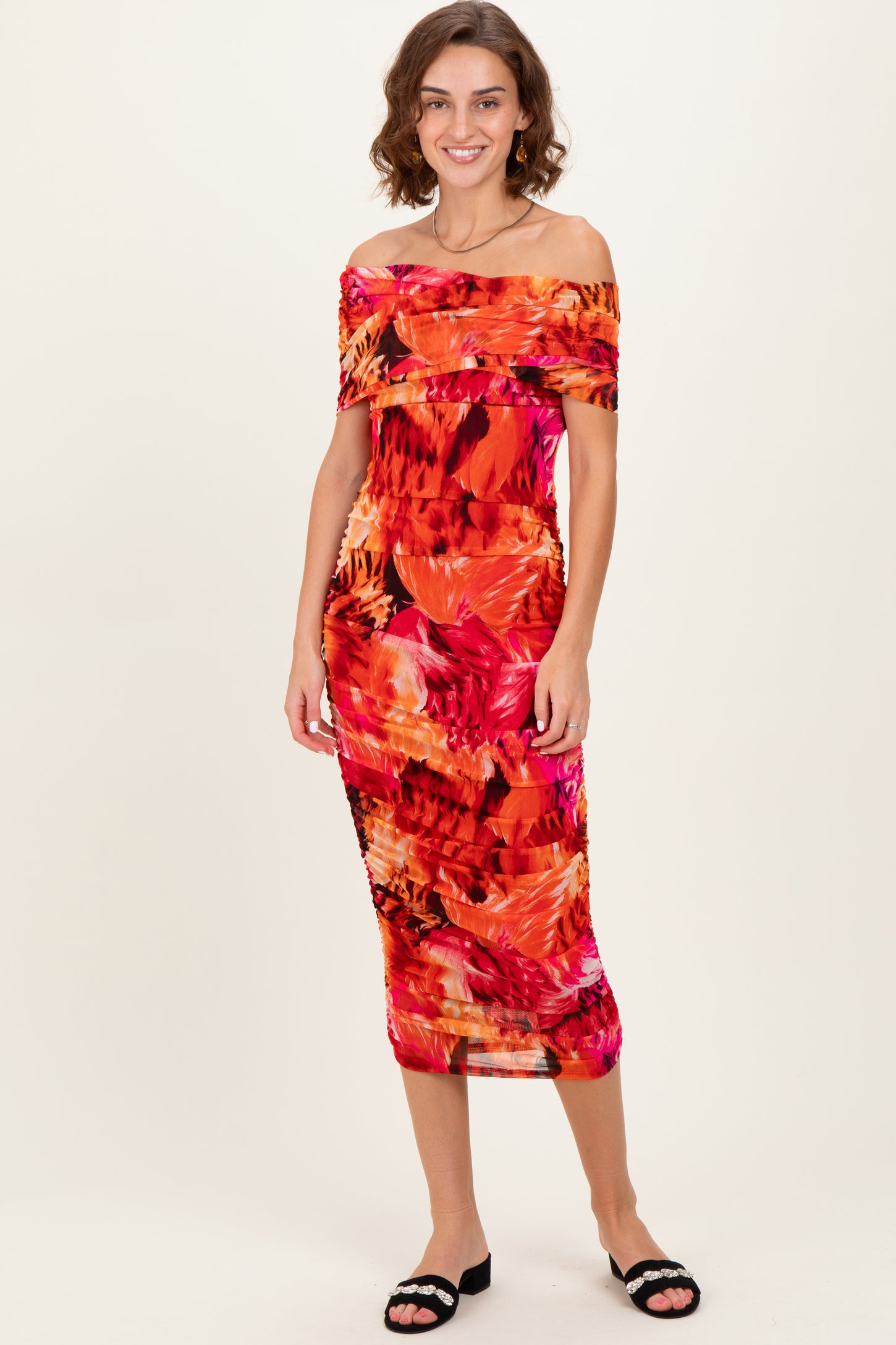 Orange Printed Off Shoulder Ruched Maternity Midi Dress