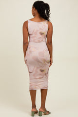 Light Pink Floral Mesh Overlay Twisted Strap Midi Dress