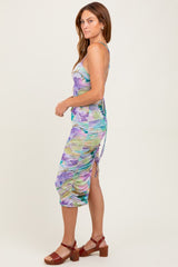 Lavender Printed Ruched Crisscross Back Midi Dress