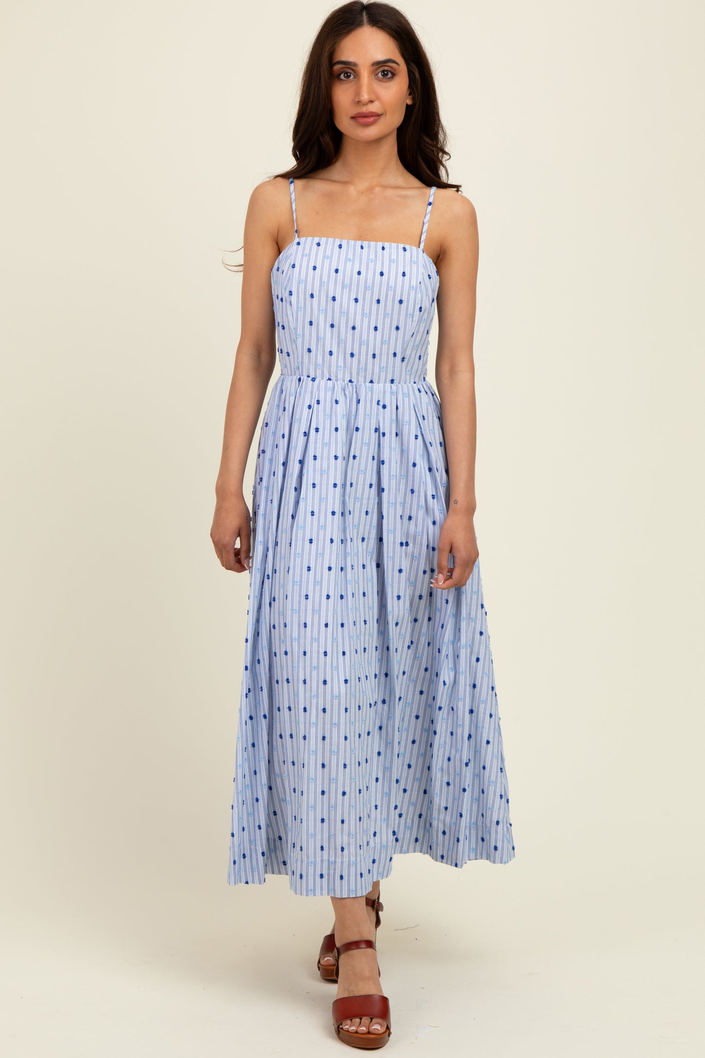Blue Striped Swiss Dot Sleeveless Maternity Midi Dress Blue Striped Swiss Dot Sleeveless Maternity Midi Dress