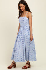 Blue Striped Swiss Dot Sleeveless Midi Dress