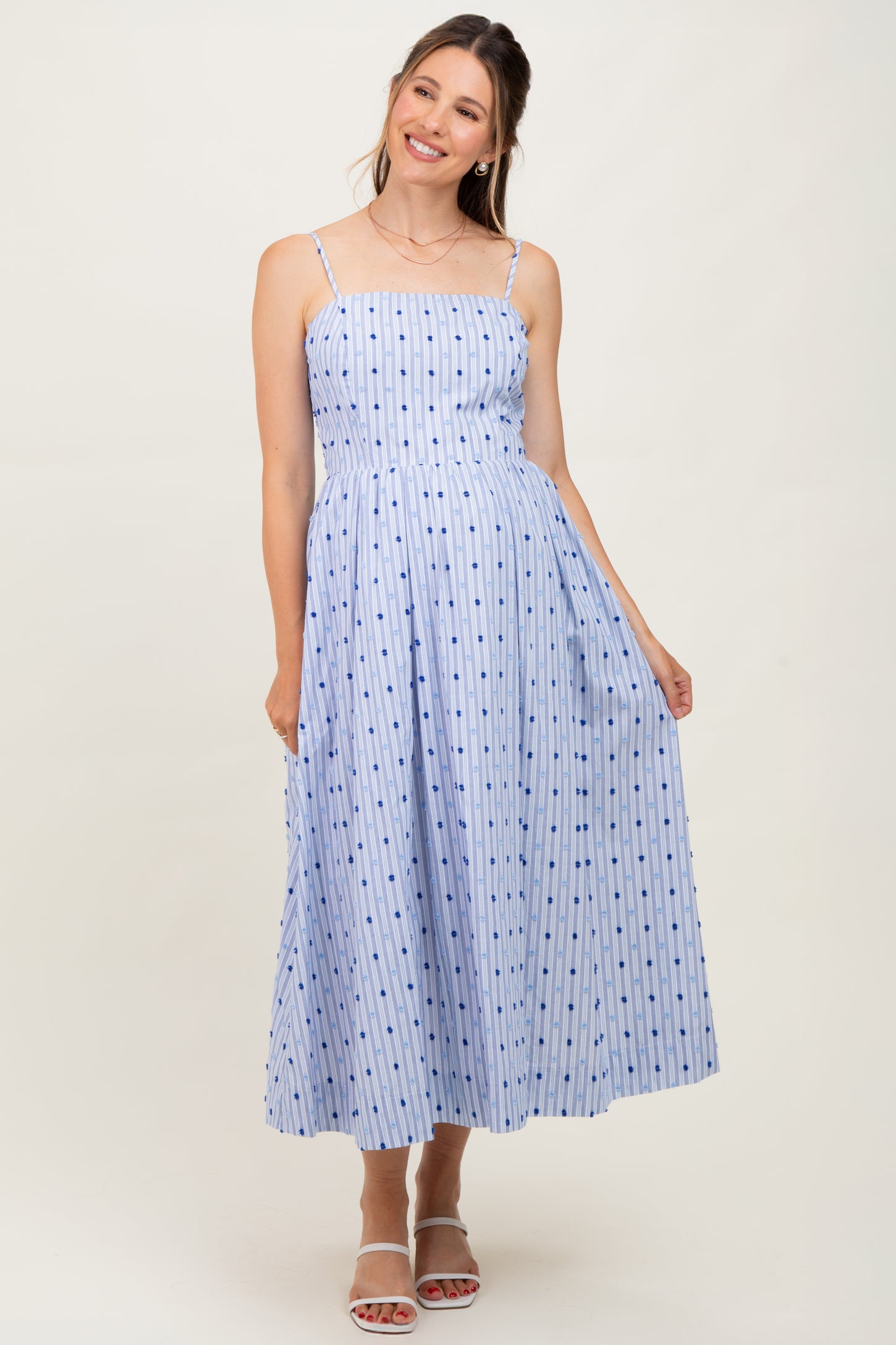 Blue Striped Swiss Dot Sleeveless Maternity Midi Dress