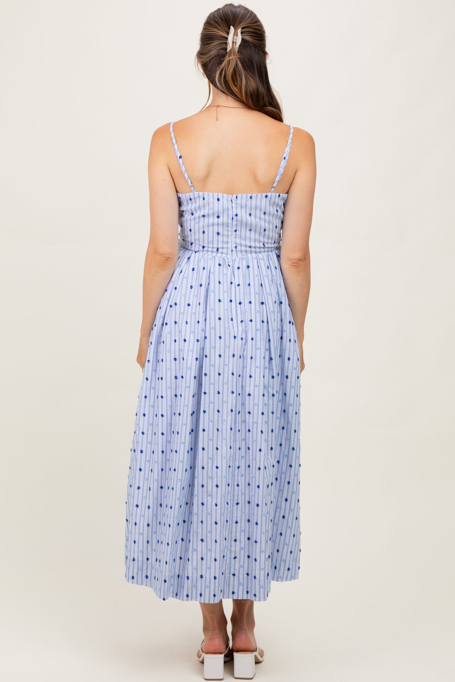 Blue Striped Swiss Dot Sleeveless Maternity Midi Dress