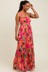 Fuchsia Tropical Print Smocked Crisscross Open Back Maxi Dress