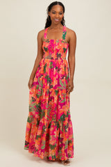 Fuchsia Tropical Print Smocked Crisscross Open Back Maxi Dress