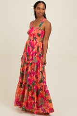 Fuchsia Tropical Print Smocked Crisscross Open Back Maxi Dress