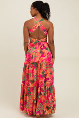 Fuchsia Tropical Print Smocked Crisscross Open Back Maxi Dress