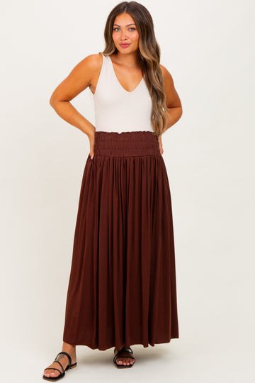 Brown Smocked Waistband Pleated Maternity Maxi Skirt