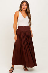 Brown Smocked Waistband Pleated Maternity Maxi Skirt